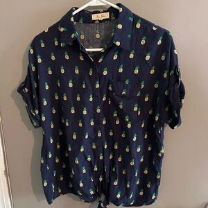 Love Notes Navy Button-Up Shirt with Pineapple Print